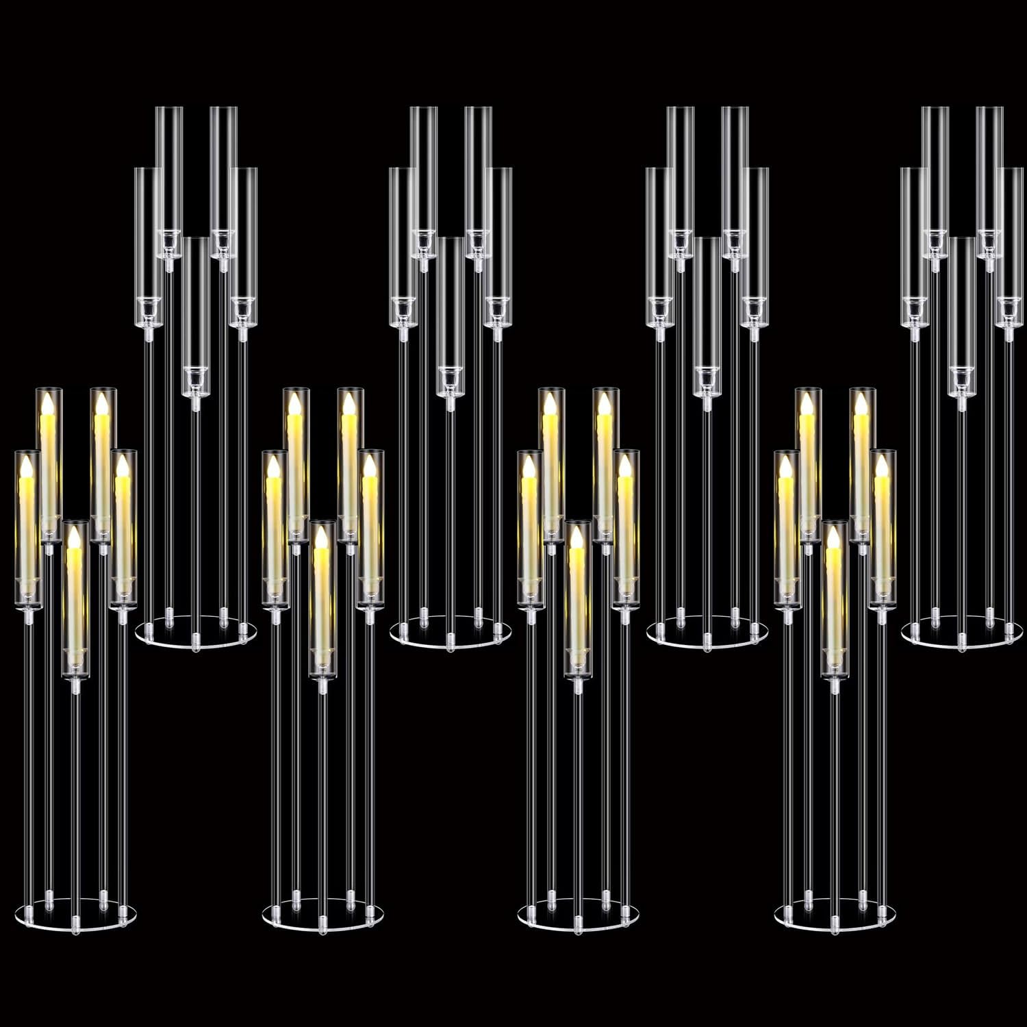 8 Sets Acrylic Floor Candelabra Centerpieces for Wedding, 33.9Inches Tall Candelabra Candle Holder with LED Candles 5 Arm Candlesticks Holder with Acrylic Shade for Table Dinner Party Fireplace Decor