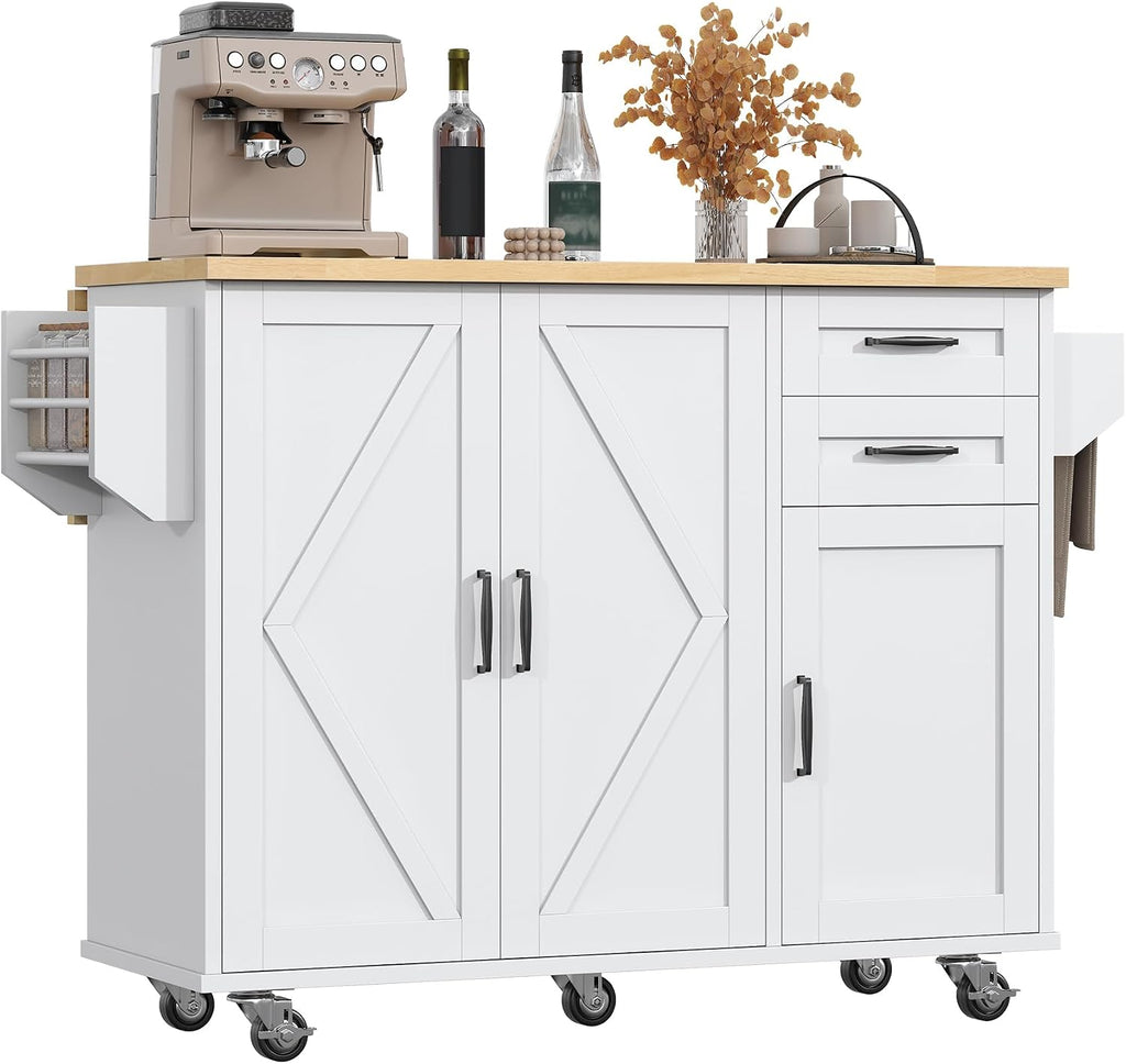 VVFLU Rolling Kitchen Island On Wheels, Kitchen Island Cart with Drop Leaf Countertop, Barn Door Island Table with Storage Cabinet and 2 Drawer, 5 Wheels, Towel Rack and Spice Rack, White