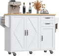 VVFLU Rolling Kitchen Island On Wheels, Kitchen Island Cart with Drop Leaf Countertop, Barn Door Island Table with Storage Cabinet and 2 Drawer, 5 Wheels, Towel Rack and Spice Rack, White