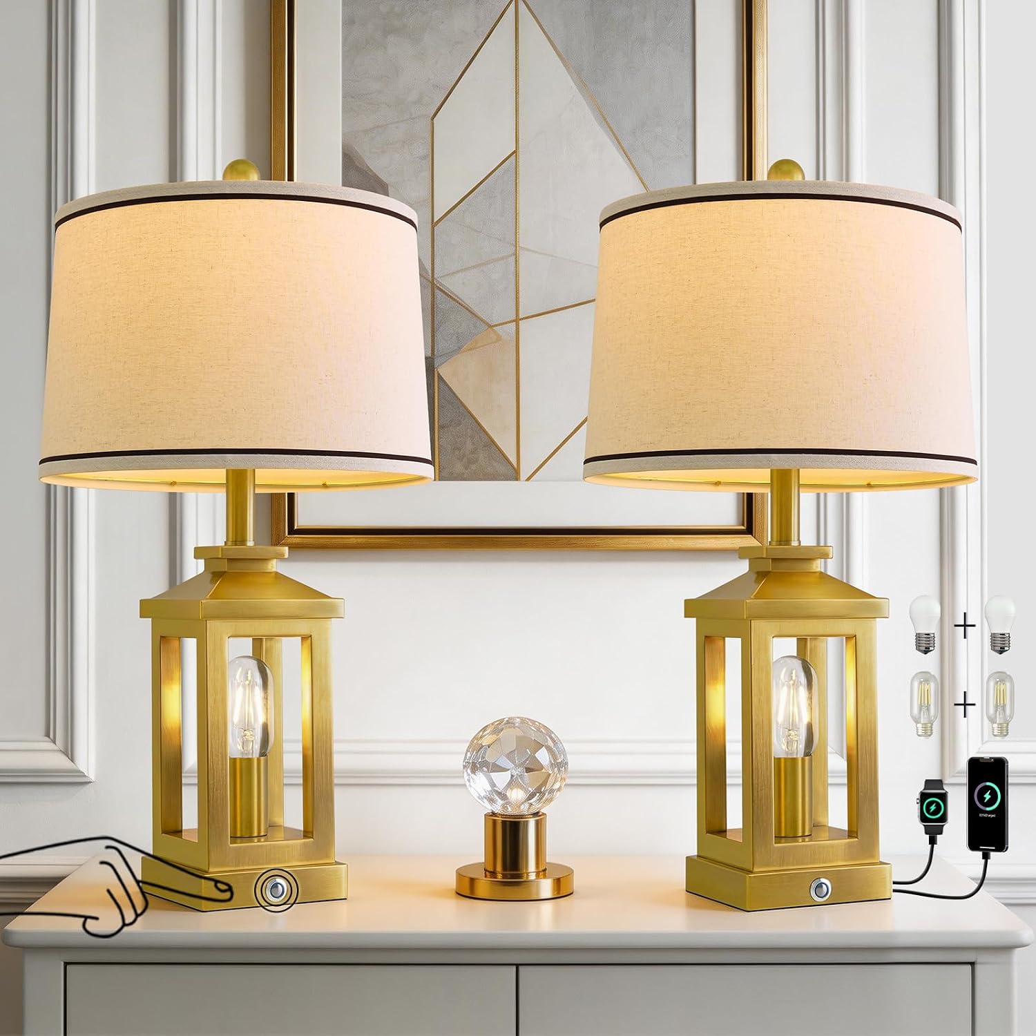 G-SAFAVA 24' Table Lamps for Living Room Bedroom Modern Gold Bedside Lamps Set of 2 Nightstand Lamps for Night Stands 3 Way Dimmable Touch Lamp with USB C+A Ports and 2 Light Sources, 4 Bulbs Includes