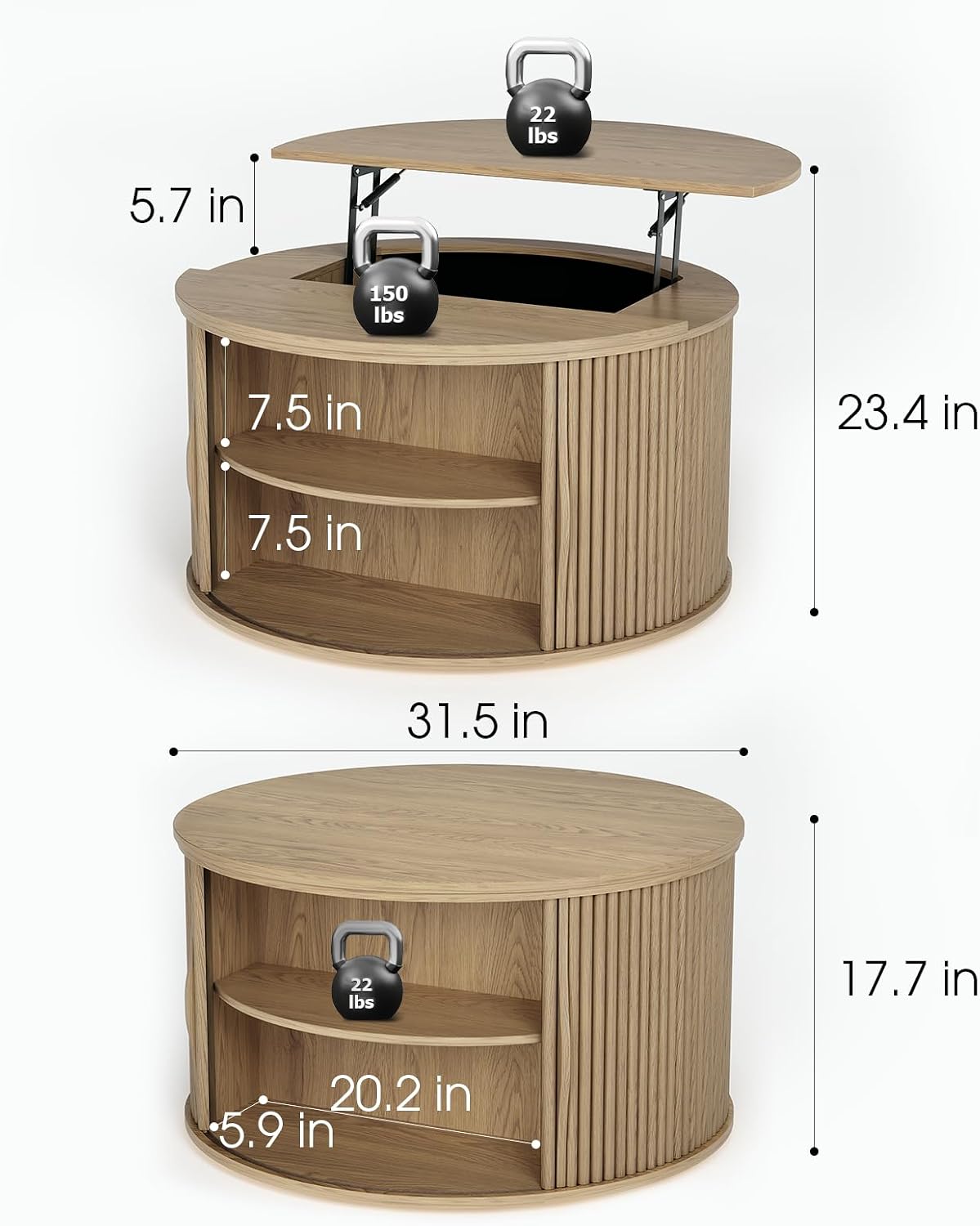 Round Lift Top Coffee Table, 31.5' Mid Century Modern Center Table with Hidden Storage, Fluted Circle Coffee Tables for Living Room, Home Office, Oak