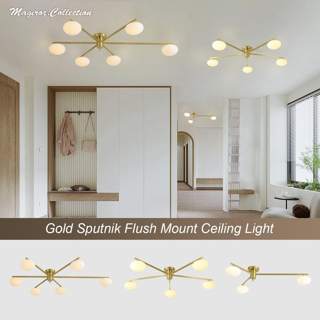 3-Light Gold Sputnik Ceiling Light Fixture,with Opal Glass Shade | low ceiling gold chandelier, dining room bedroom foyer, warm ambient lighting, easy DIY install, mid-century style