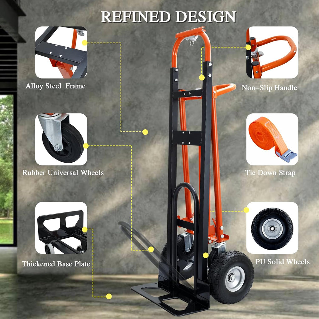 4 in 1 Convertible Hand Truck Dolly Cart,Industrial Hand Truck,1000 Lbs Capacity Hand Trucks Heavy Duty Dolly cart with PU Wheels and Cargo Straps for Moving (Orange)