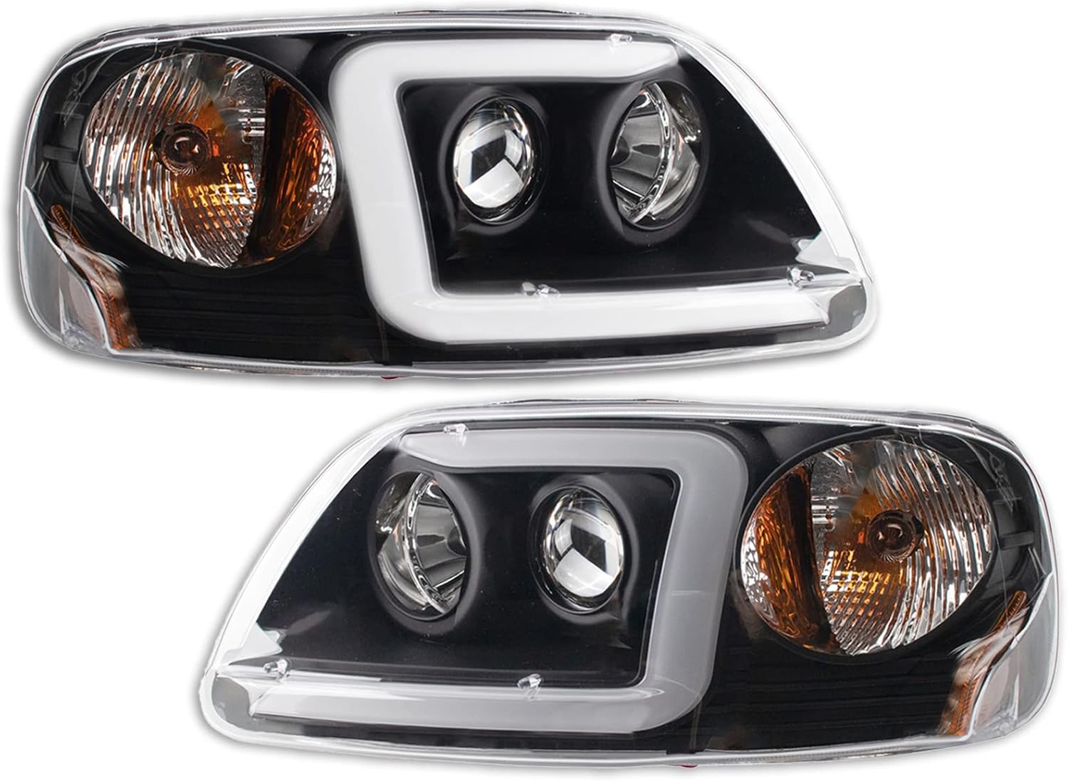 TRQ Performance Driver and Passenger Side Headlight Assembly Set Projector Black Housing Clear Lens Compatible with 97-03 Ford F-150 97-02 Ford Expedition 04 F-150 Heritage