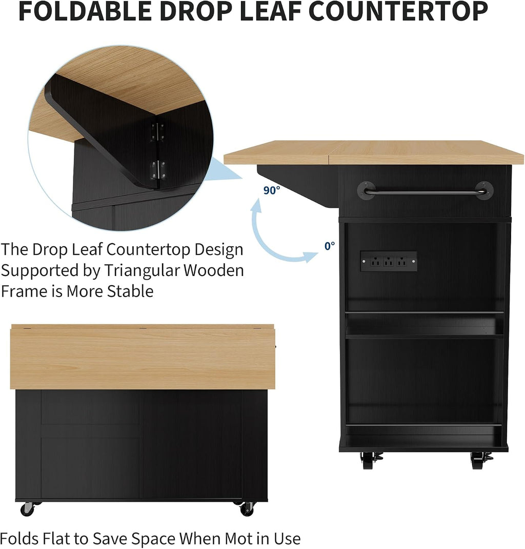 IDEALHOUSE Rolling Kitchen Island with Drop Leaf Countertop, Charging Station & Ample Storage - 47.2' Mobile Kitchen Cart On Wheels with Pull-Out Shelves, Drawers, Spice Rack & Organizer Divider