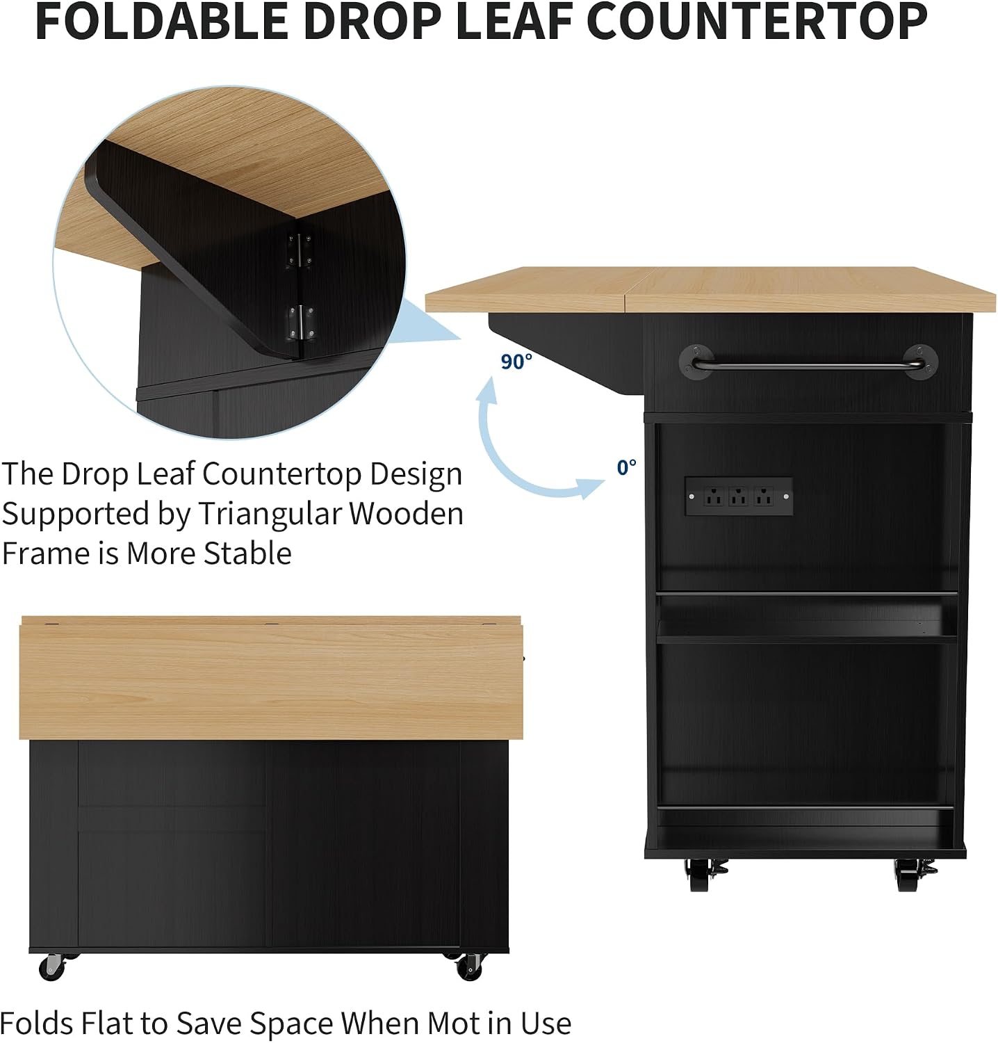IDEALHOUSE Rolling Kitchen Island with Drop Leaf Countertop, Charging Station & Ample Storage - 47.2' Mobile Kitchen Cart On Wheels with Pull-Out Shelves, Drawers, Spice Rack & Organizer Divider
