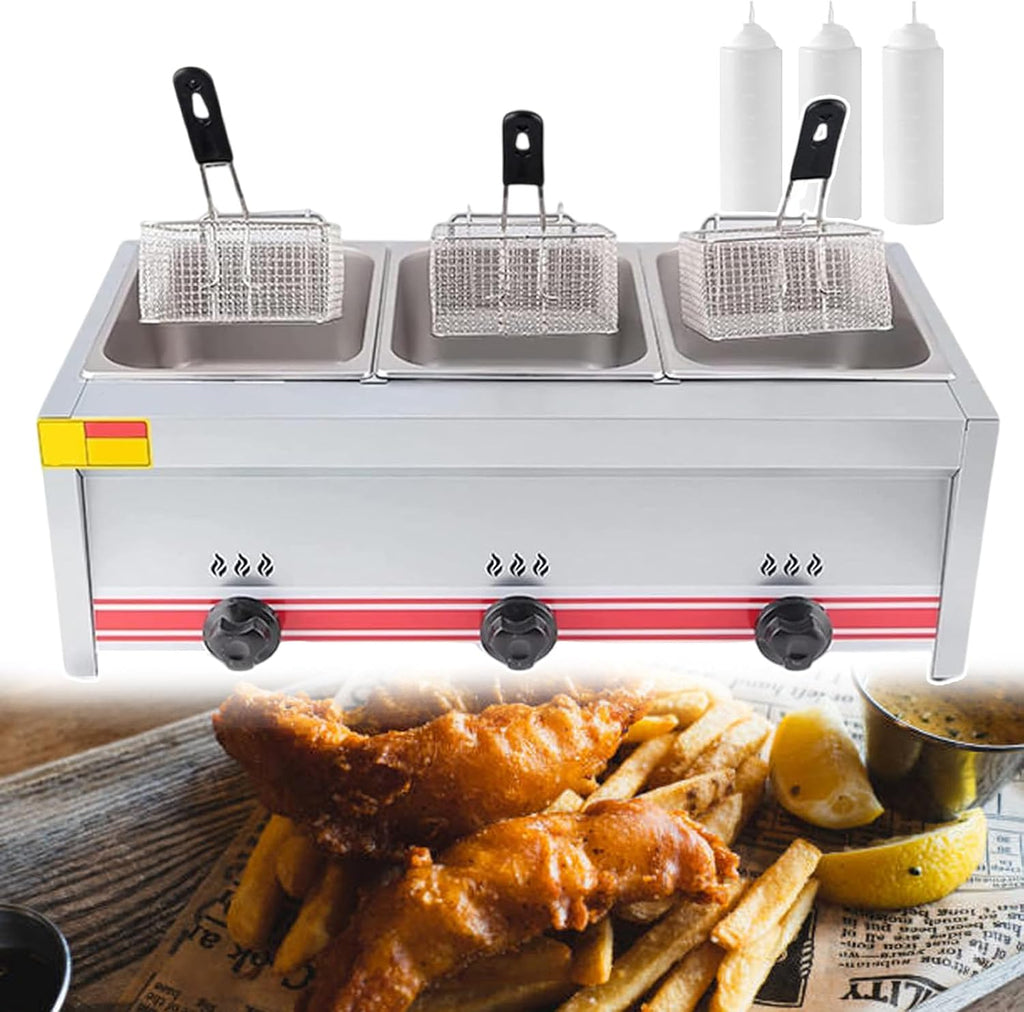 Commercial Stall Gas Fryer Three Cylinder (10L+10L+10L) Chips Frying Machine with Squeeze Condiment Bottles & Removable Baskets for Outdoor Household Appliances Cooking Dining