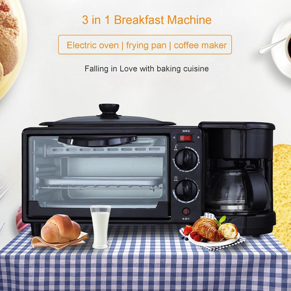 3 in 1 Breakfast Station with Coffee Maker, 1250W Electric Breakfast Maker 9L Non Stick Bread Toaster Oven with Frying Pan, Multi-Function Sandwich Maker Griddle Machine for Egg Bacon Sausages