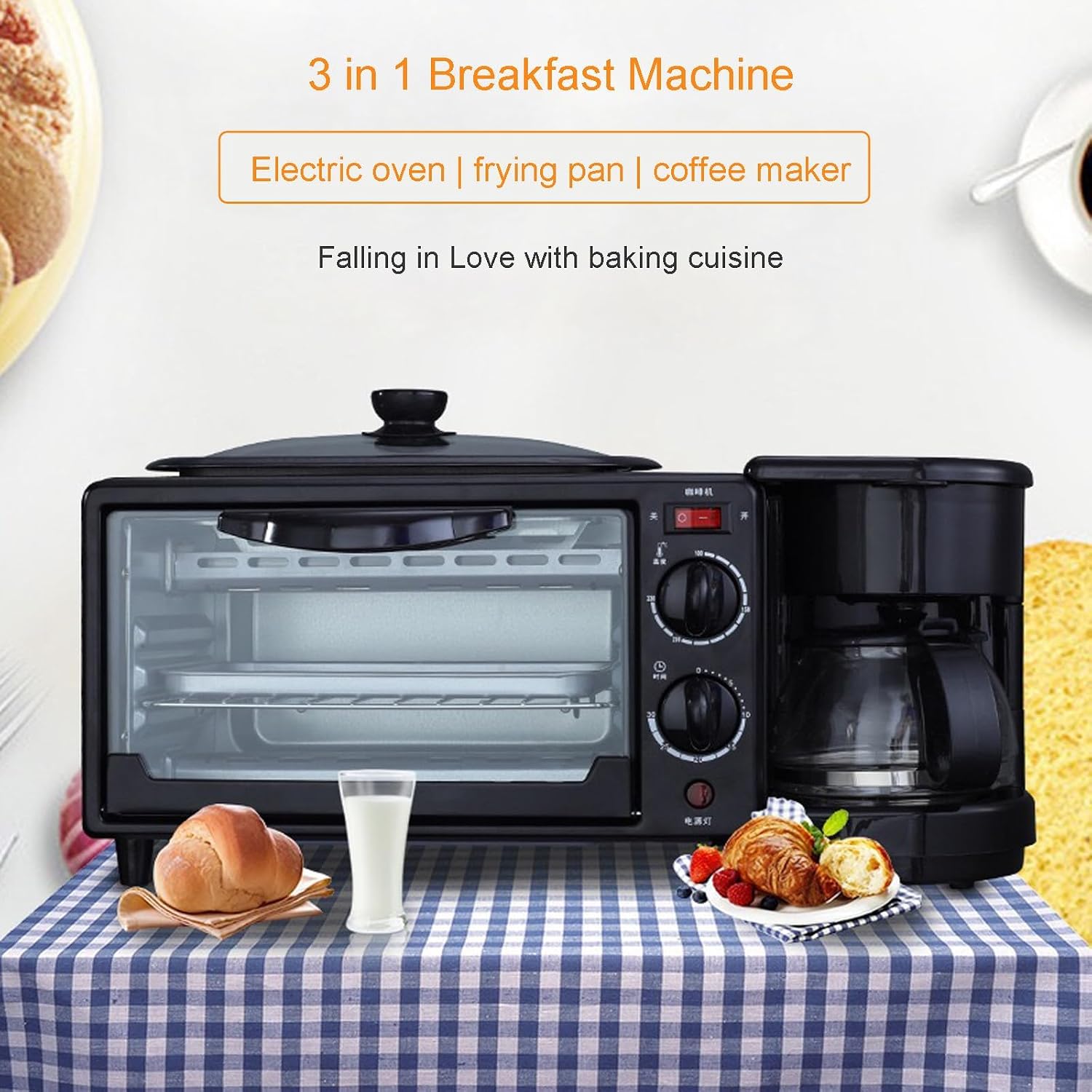 3 in 1 Breakfast Station with Coffee Maker, 1250W Electric Breakfast Maker 9L Non Stick Bread Toaster Oven with Frying Pan, Multi-Function Sandwich Maker Griddle Machine for Egg Bacon Sausages
