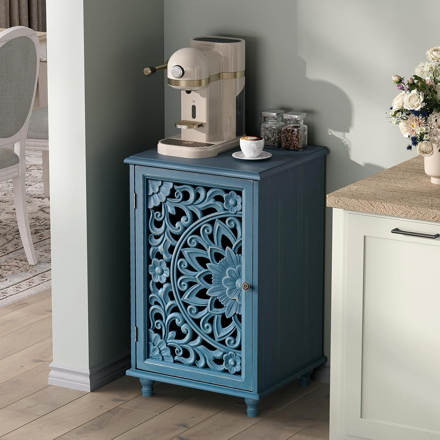 JOINICE End Table with Storage, 28' Tall Blue Side Table with Carved Door & Adjustable Shelf, Small Accent Cabinet with Solid Wood Legs for Living Room & Bedroom, Distressed Farmhouse Style