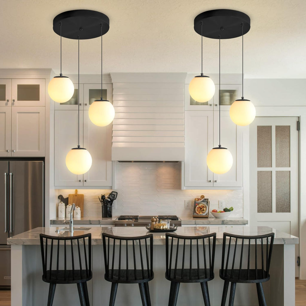 ykolupty 3-Light Globe Pendant Light Modern White Globe Glass Chandelier Black Hanging Fixture for Kitchen Island Foyer Hallway Dining Room
