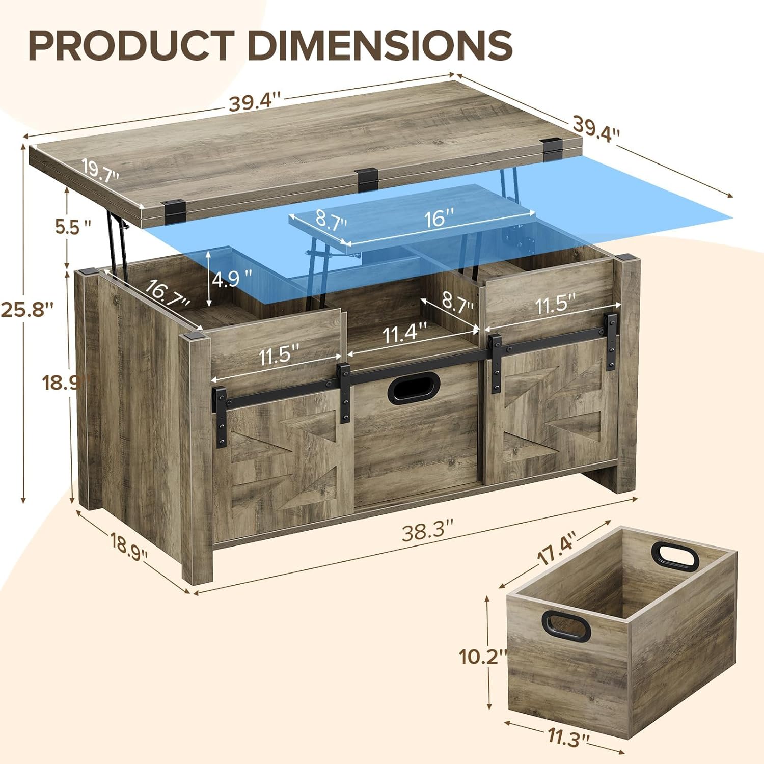 Memobarco 40' Farmhouse Lift Top Coffee Table with Sliding Barn Door,4 in 1 Multi-Function Coffee Tables with Storage Drawers & Hidden Compartment,Converts to Dining Table for Living Room,Grey
