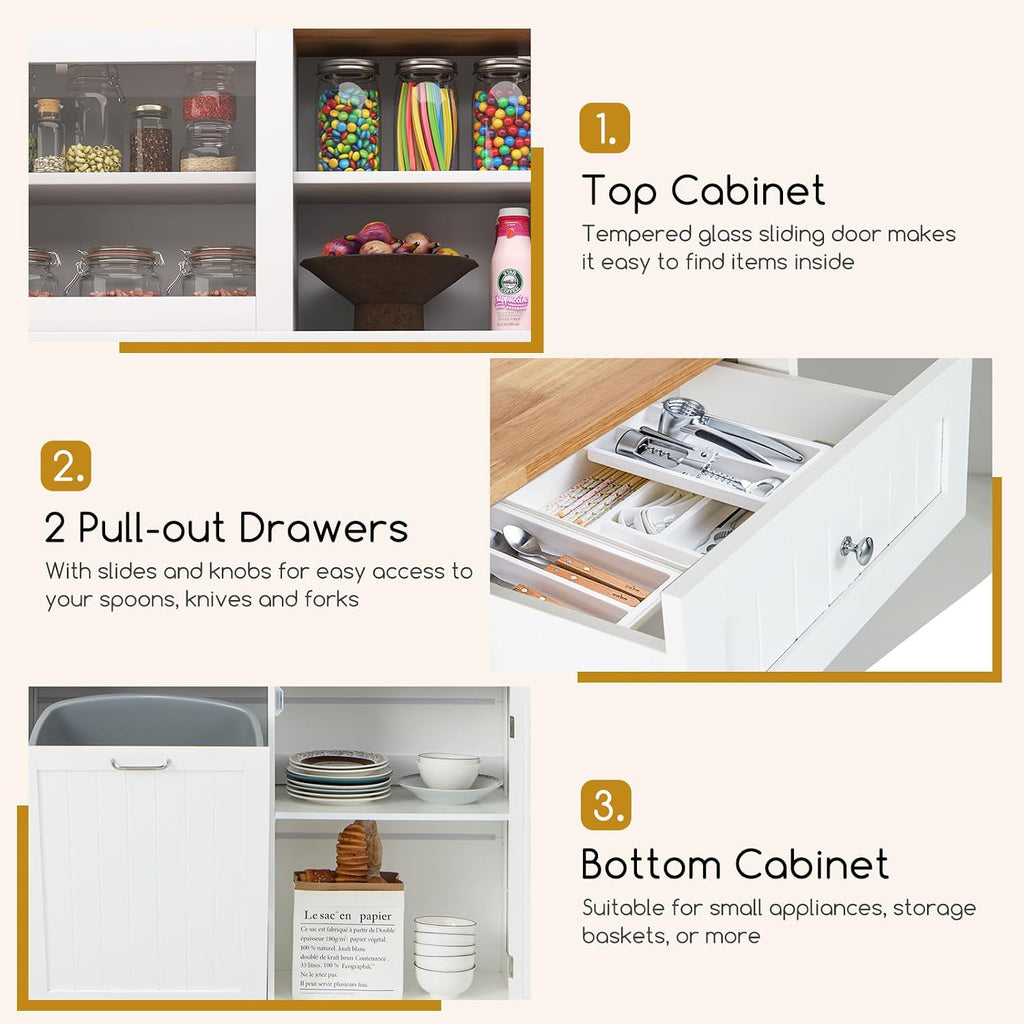 Giantex 68' Tall Kitchen Pantry, Buffet Hutch w/Tilt Out Trash Can Storage Cabinet, 2 Drawer, Shelves, Rubber Wood Microwave Countertop, Wood Sideboard Cupboard for Home Coffee Bar (White & Natural)