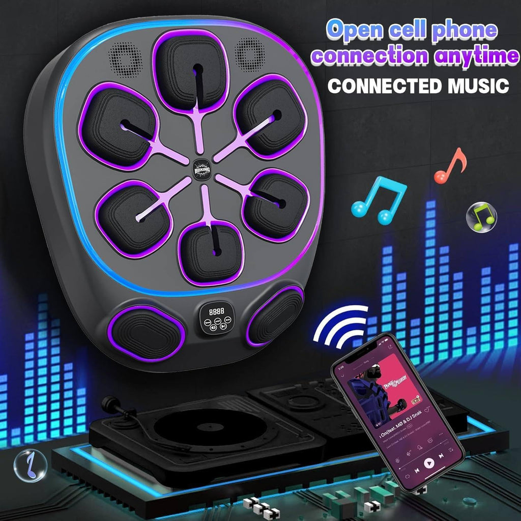 Upgraded Music Boxing Machine, 24''×19' Wall Mounted Punching Bag with 8 Target Zones, Smartphone Sync, LED Counter & Portable Design for Home Gym Training ( Includes Boxing Gloves),Halfgloves