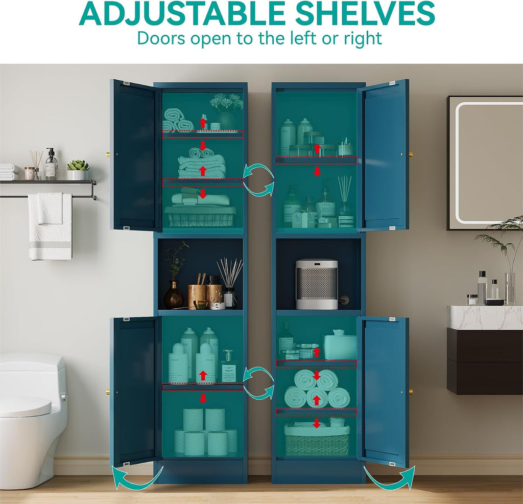 67' Tall Narrow Storage Cabinet with Doors and Open Shelf,Metal Pantry Cabinet,Shaker Style Slim Cabinet with Adjustable Shelves,for Bathroom Kitchen Laundry Small Spaces,Blue, 1Pc