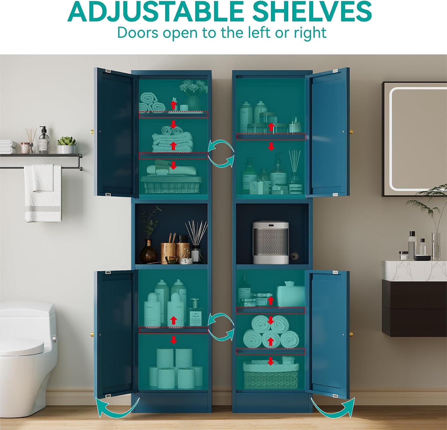 67' Tall Narrow Storage Cabinet with Doors and Open Shelf,Metal Pantry Cabinet,Shaker Style Slim Cabinet with Adjustable Shelves,for Bathroom Kitchen Laundry Small Spaces,Blue, 1Pc