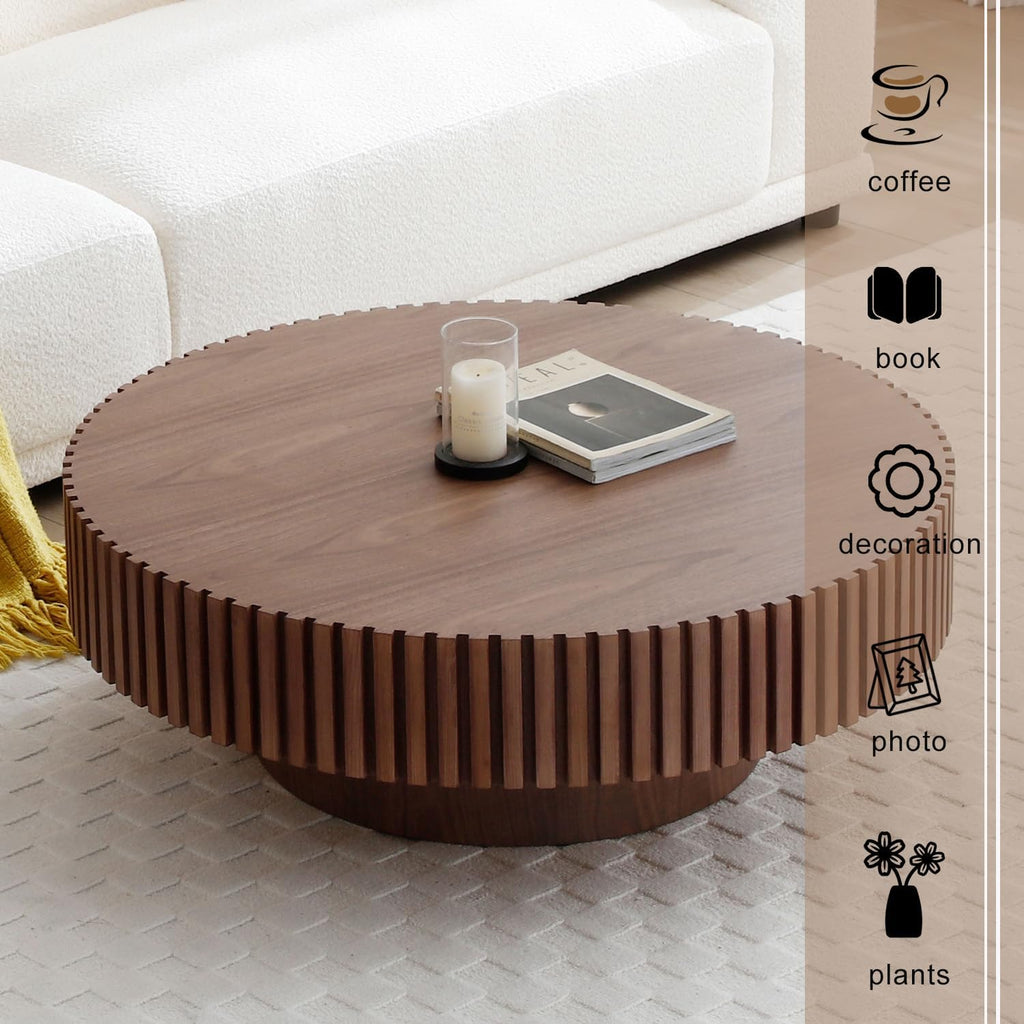 31' Round Coffee Table for Living Room, Mid Century Modern Coffee Table with Sturdy Pedestal, Circle Center Table Accent Tea Table for Apartment Walnut