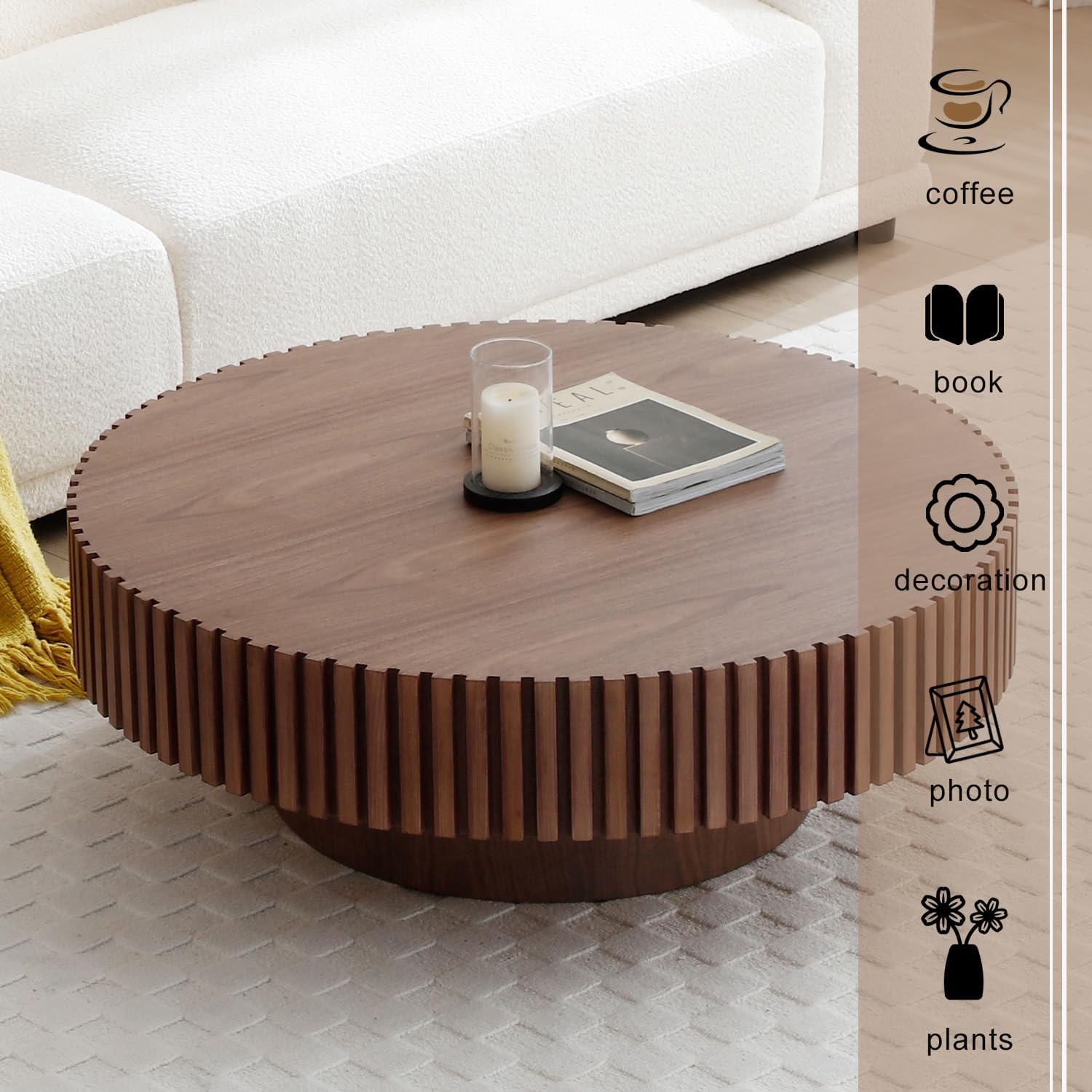 31' Round Coffee Table for Living Room, Mid Century Modern Coffee Table with Sturdy Pedestal, Circle Center Table Accent Tea Table for Apartment Walnut