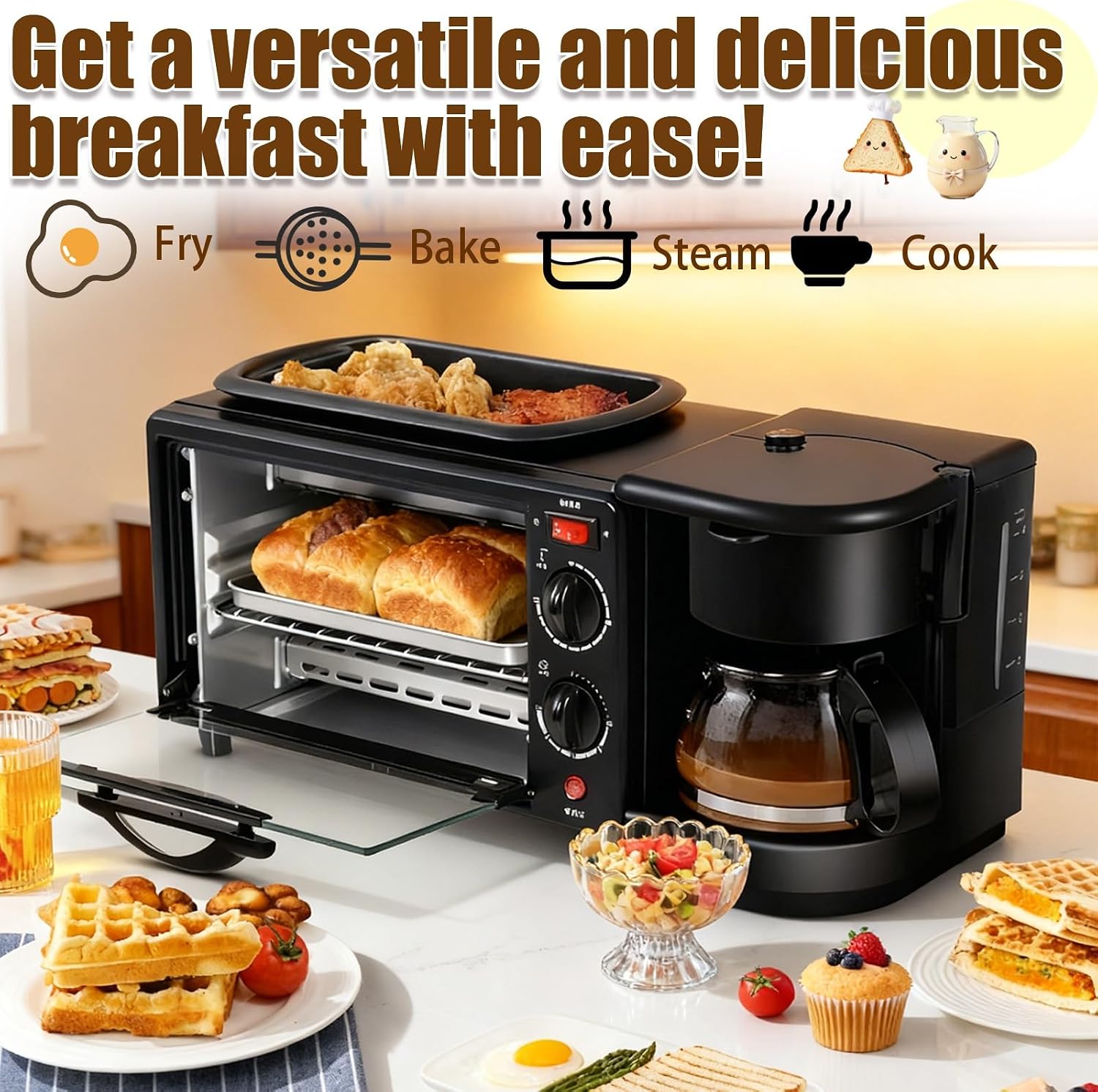 Breakfast Center 4-in-1 with Coffee Maker, Non-stick Skillet, 7L Toaster Oven and Dual Heating Elements, Compact Kitchen Appliance for Apartments and Dorm Living
