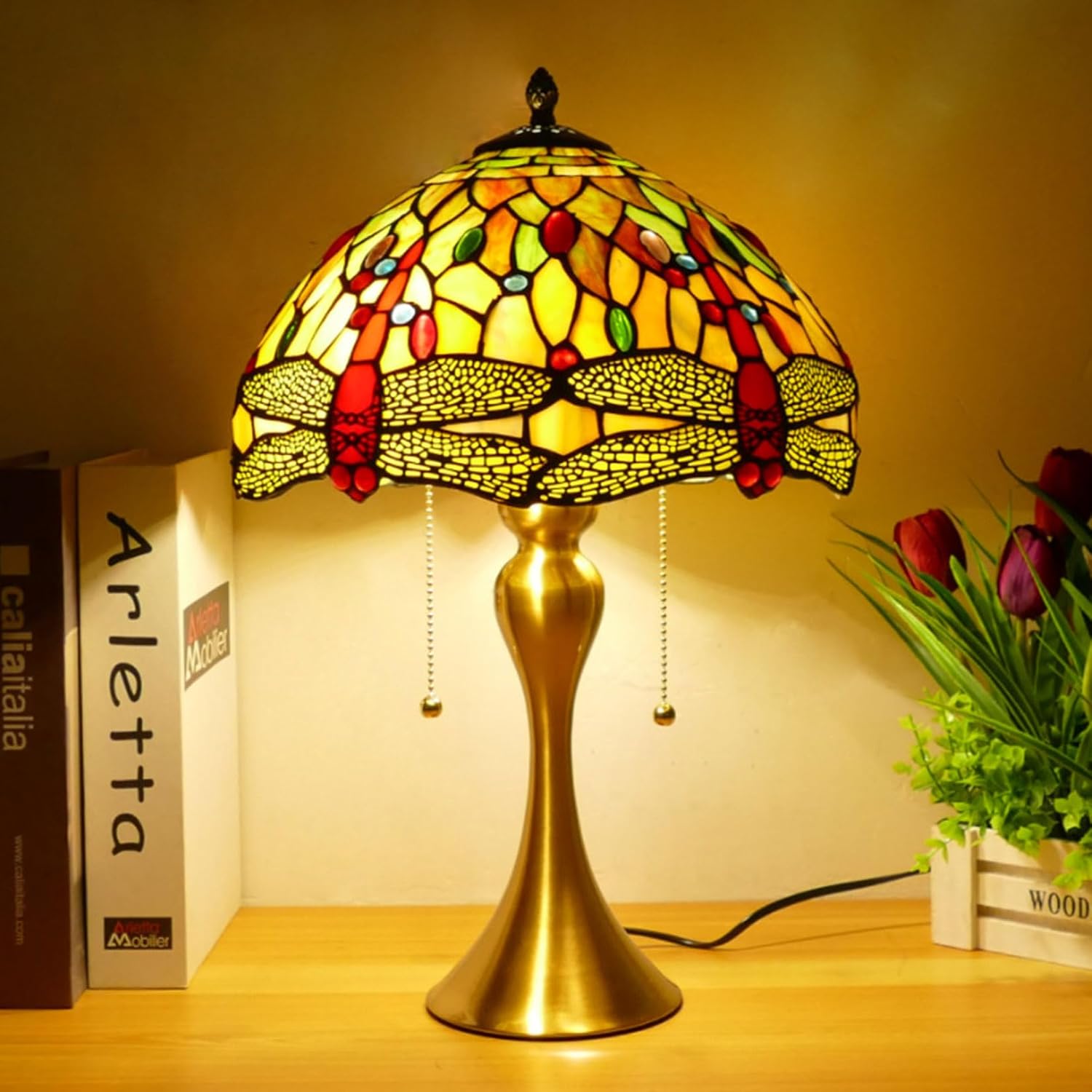 12 Inch Dragonfly Stained Glass Lamp Shade, Tiffany Style Lampshades Replacement, Handmade Vintage Lamp Cover Accessories Only for Table lamp Pendant Light Ceiling Fixture,Red