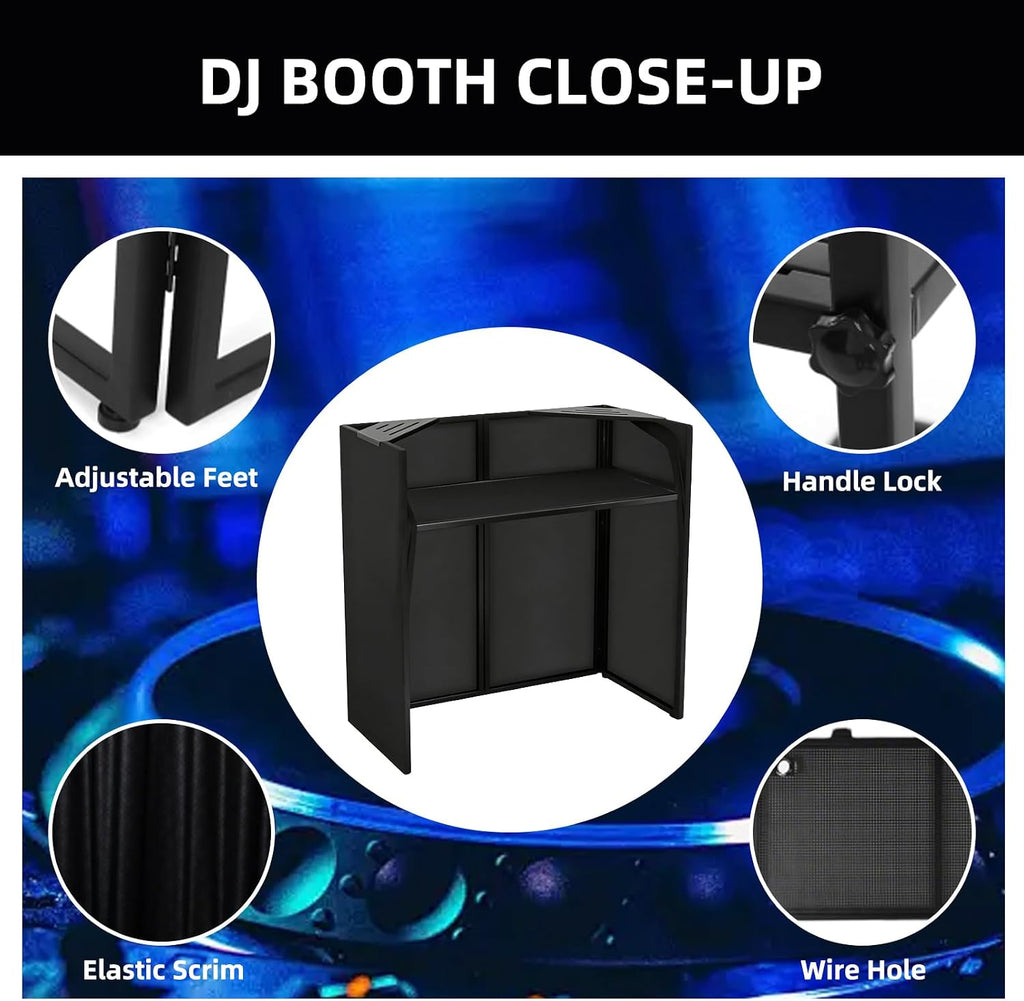 DJ Booth Portable 44 * 21 * 48in, DJ Facade Booth DJ Table Stand w/Black & White Scrim, Carrying Bag, Metal Foldable DJ Stand Table Station for Wedding, Show, Party