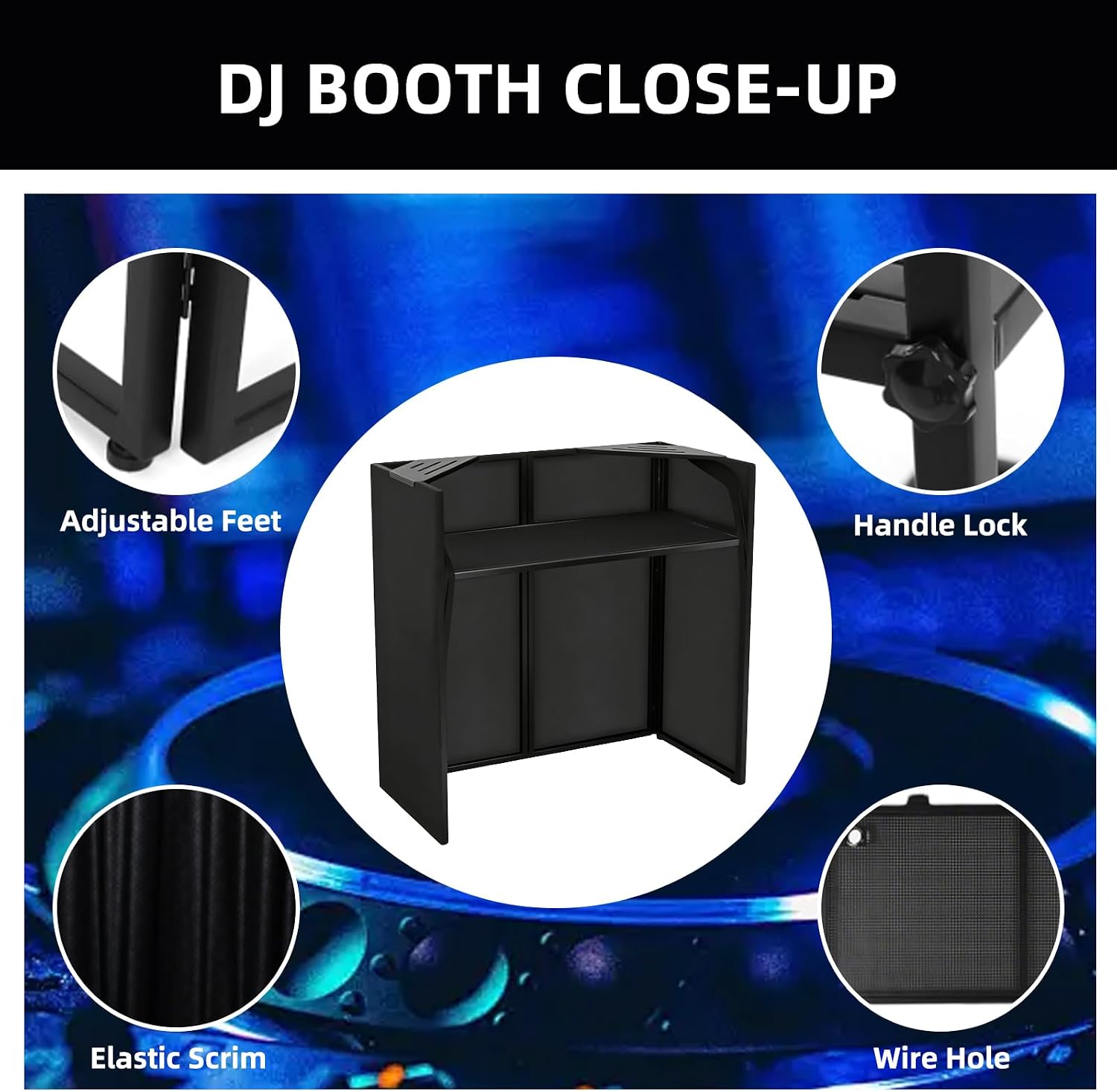 DJ Booth Portable 44 * 21 * 48in, DJ Facade Booth DJ Table Stand w/Black & White Scrim, Carrying Bag, Metal Foldable DJ Stand Table Station for Wedding, Show, Party