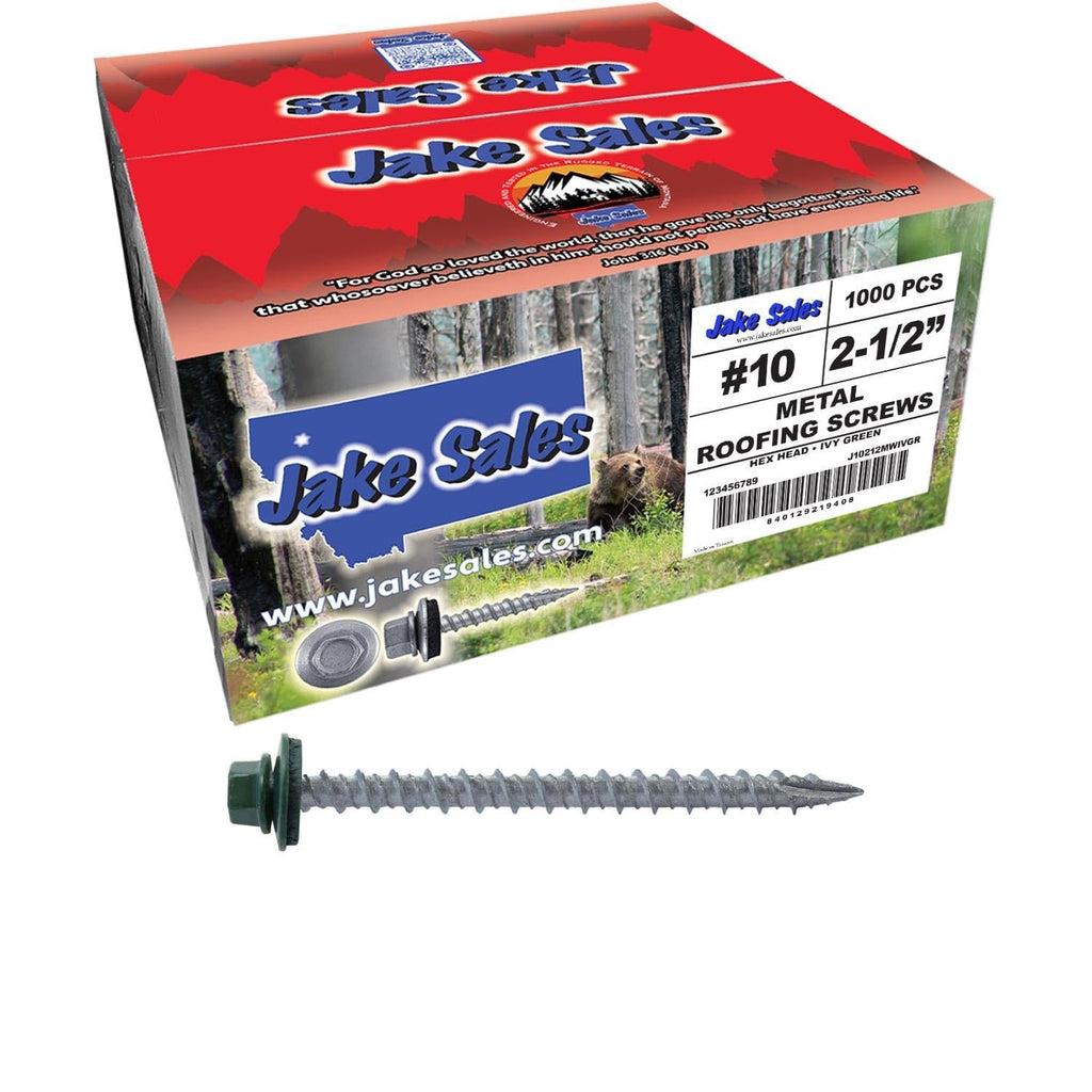 10 x 2-1/2' Ivy Green Metal Roofing Screws - Hex Washer Head- Self-Starting/Tapping - EPDM Washer. 4 X 250 Bags - 1,000 Screws