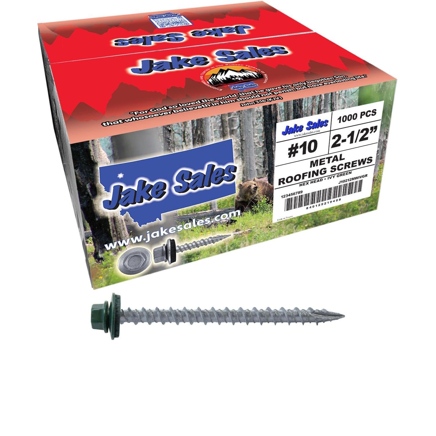 10 x 2-1/2' Ivy Green Metal Roofing Screws - Hex Washer Head- Self-Starting/Tapping - EPDM Washer. 4 X 250 Bags - 1,000 Screws