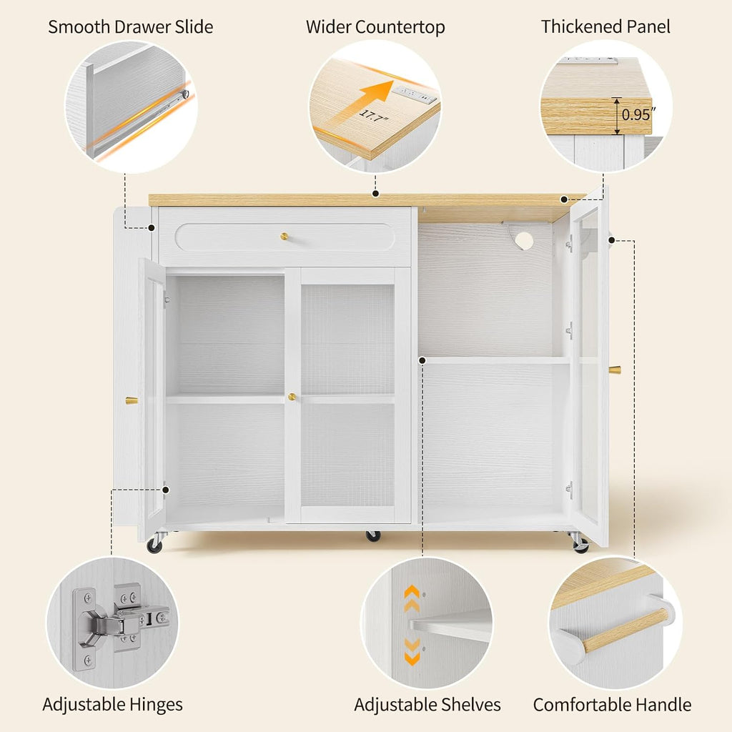 Kitchen Island with Power Outlet - Kitchen Cart on Wheels with Storage Cabinets & Drawers, Rolling Island Table with Spice & Towel Rack, Portable Islands with Large Wood Counter, Dinning Room