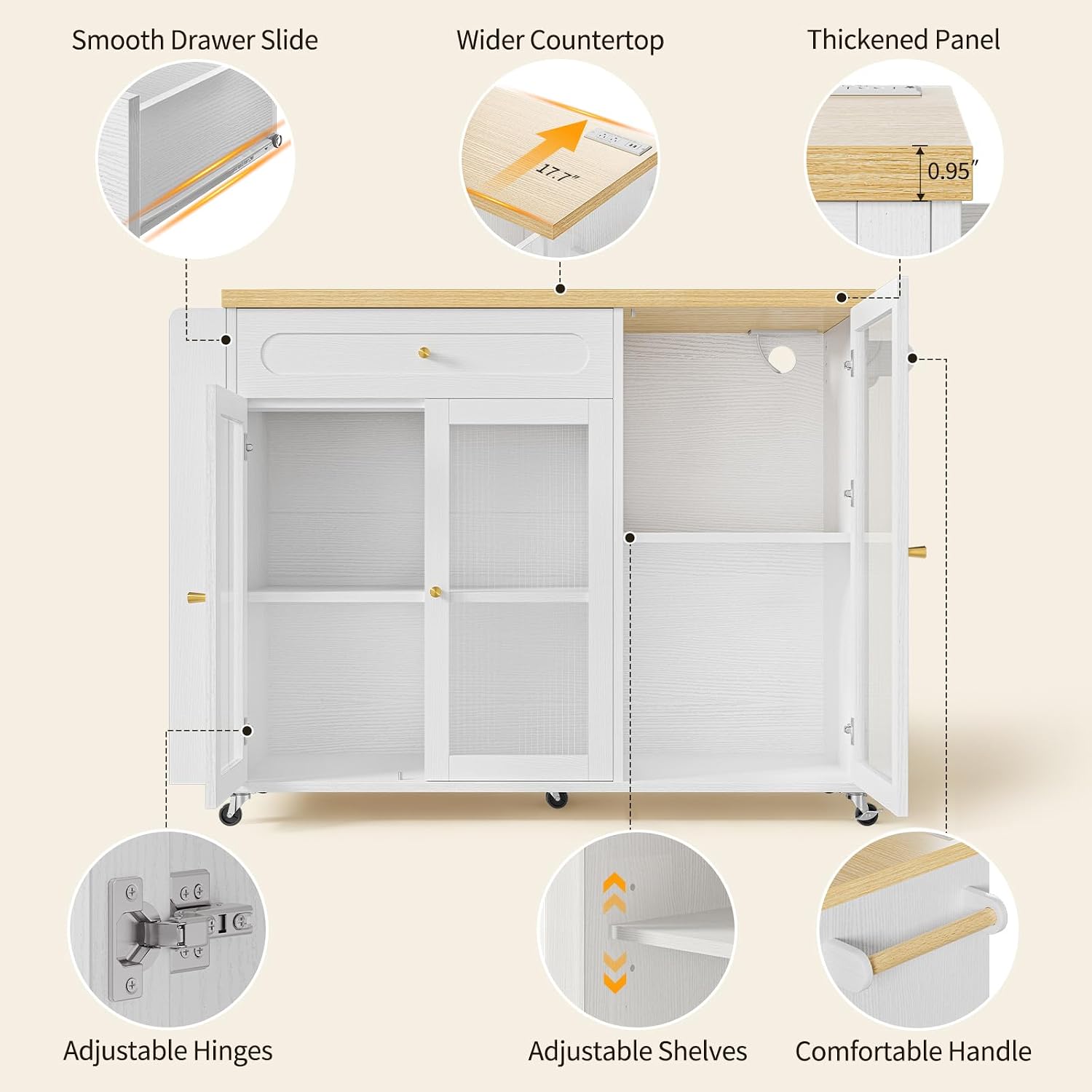 Kitchen Island with Power Outlet - Kitchen Cart on Wheels with Storage Cabinets & Drawers, Rolling Island Table with Spice & Towel Rack, Portable Islands with Large Wood Counter, Dinning Room