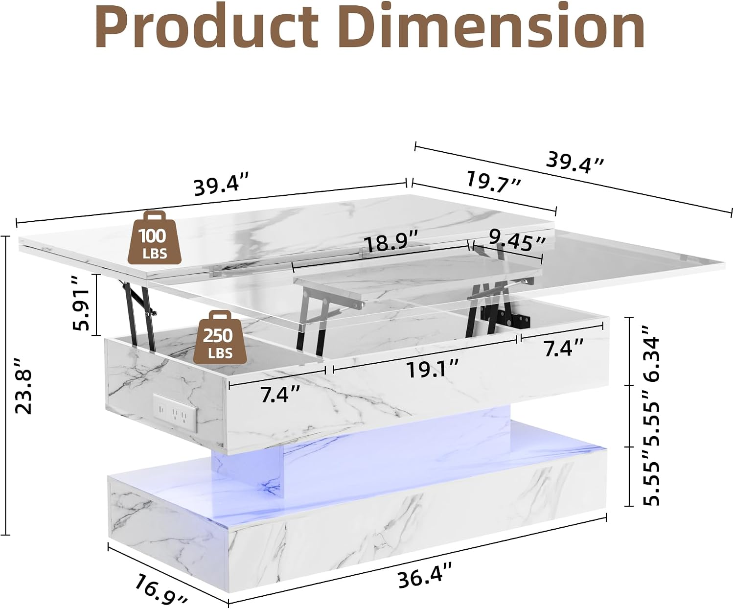 40' Lift Top Coffee Table, 4‑in‑1 Multi-Function Convertible Workstation Table with Storage & Charging Station, Modern Faux Marble Design for Living Room & Small Spaces, White
