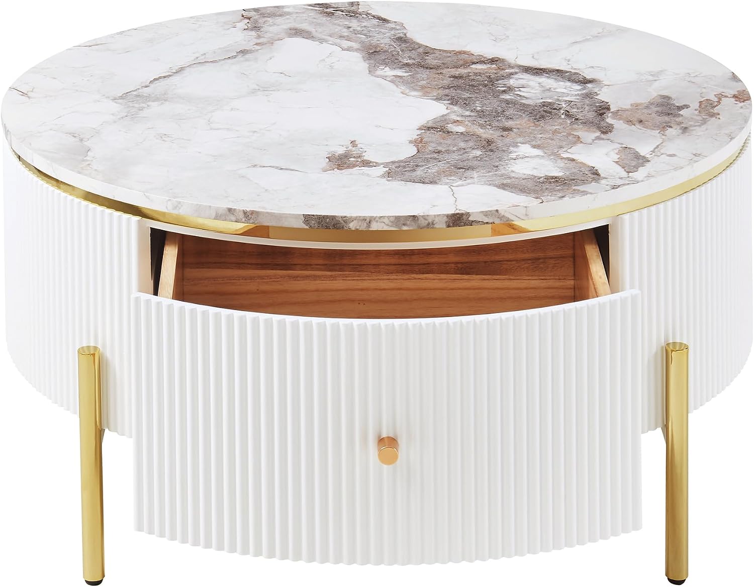Merax 31.5'' Round Wood Coffee Table, with 2 Large Drawers Storage, Modern Marble Top, with Gold Metal Legs Center Tables for Living Room Apartment, Off White