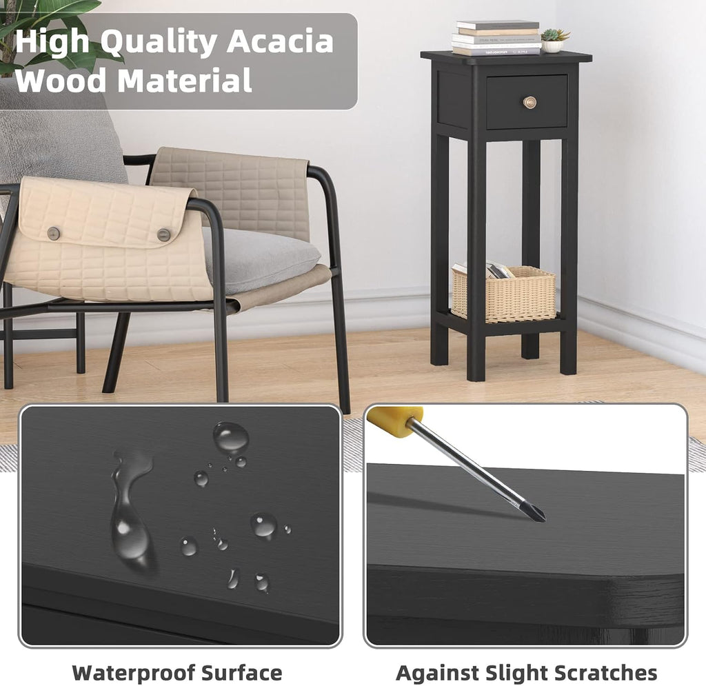 Giantex Tall End Table Set of 2, Narrow Side Table with Drawer and Shelf, Acacia Wood Nightstand for Living Room, 2-Tier Bedside Table for Small Space, No Assembly, Black