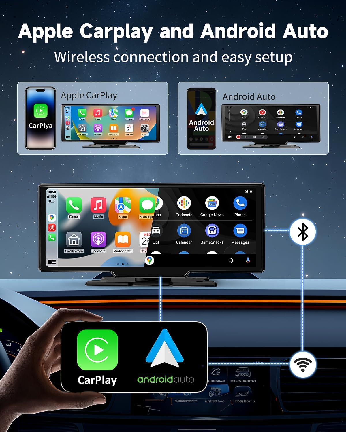 Largest 11.5'Wireless Apple CarPlay Screen for Car–Portable Carplay & Android Auto Touchscreen Car Stereo with App Control, 4K Dash Cam, Backup Camera, GPS, Mirror Link, Voice Control,for All Vehicles