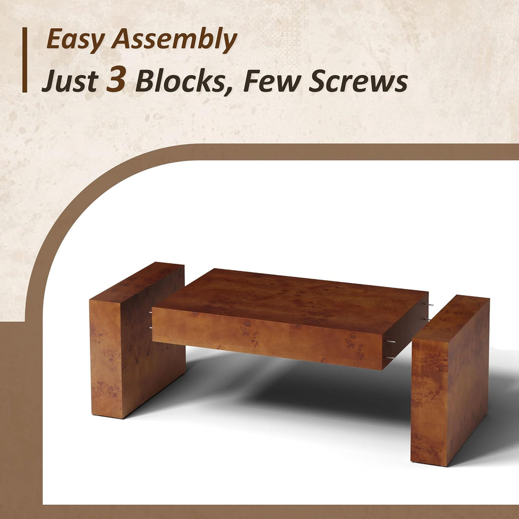 COZAYH Modern Burl Finish Coffee Table, Wood Block Center Table with Thick Legs, Minimalist Rectangular Cocktail Table for Living Room, Dark Brown