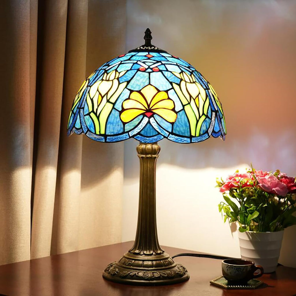 Tulip Lamp Shade Replacement, 12 Inch Yellow Tulip Blue Green Stained Glass Lampshade for Table Lamp, Floor Lamp, Bedside Lamp, Ceiling Light,