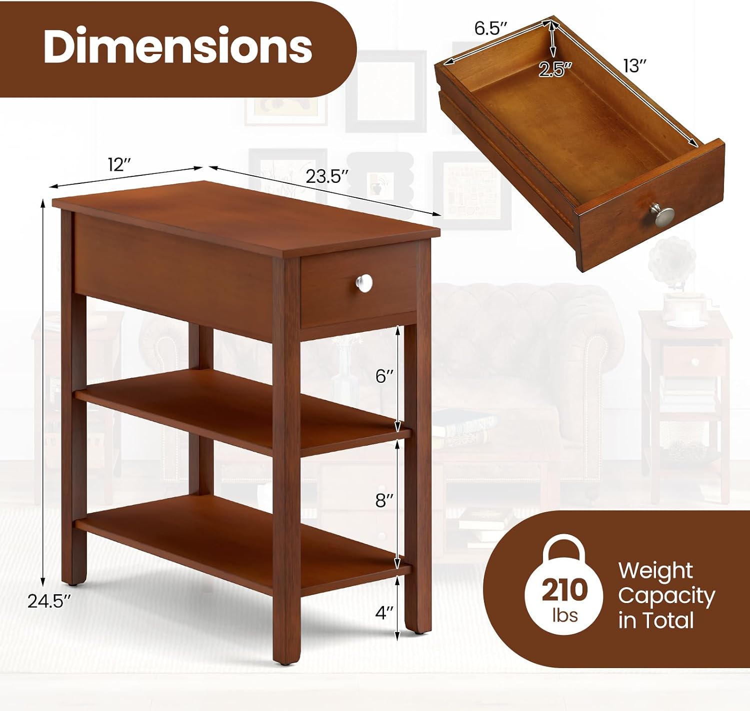 Giantex Narrow End Table Set of 2, Farmhouse Side Tables with Drawer & Storage Shelves, Wood Sofa Side Tables, 3-Tier Nightstands for Small Space, Living Room, Bedroom, 23.5'L x 12'W x 24.5'H, Brown