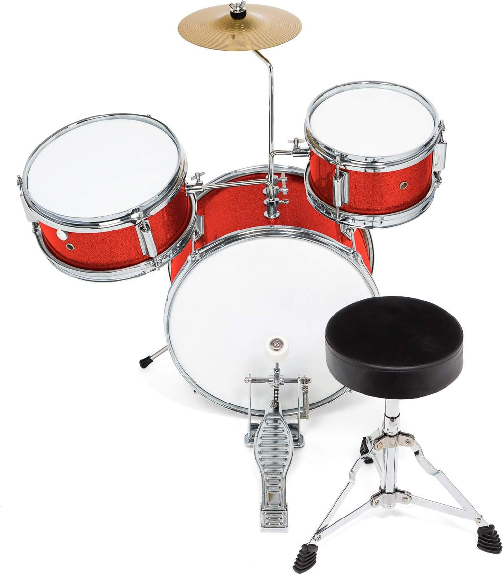 Ashthorpe 3-Piece Complete Kids Drum Set - Beginner Kit with 14' Bass, Adjustable Throne, Cymbal, Pedal & Drumsticks - Red