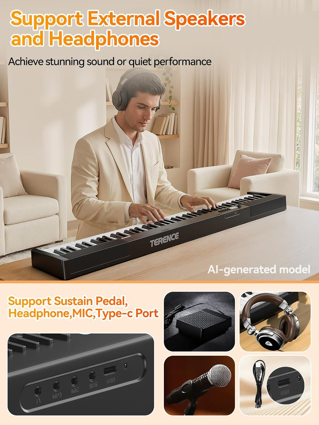 TERENCE V30 Portable Digital Piano 88 Key Weighted Keyboard Built-In 1800mAh Rechargeable Battery,Foldable Piano Keyboard with 2X5W Speakers,Music Stand,Sustain Pedal and Headphone for Beginners,Black