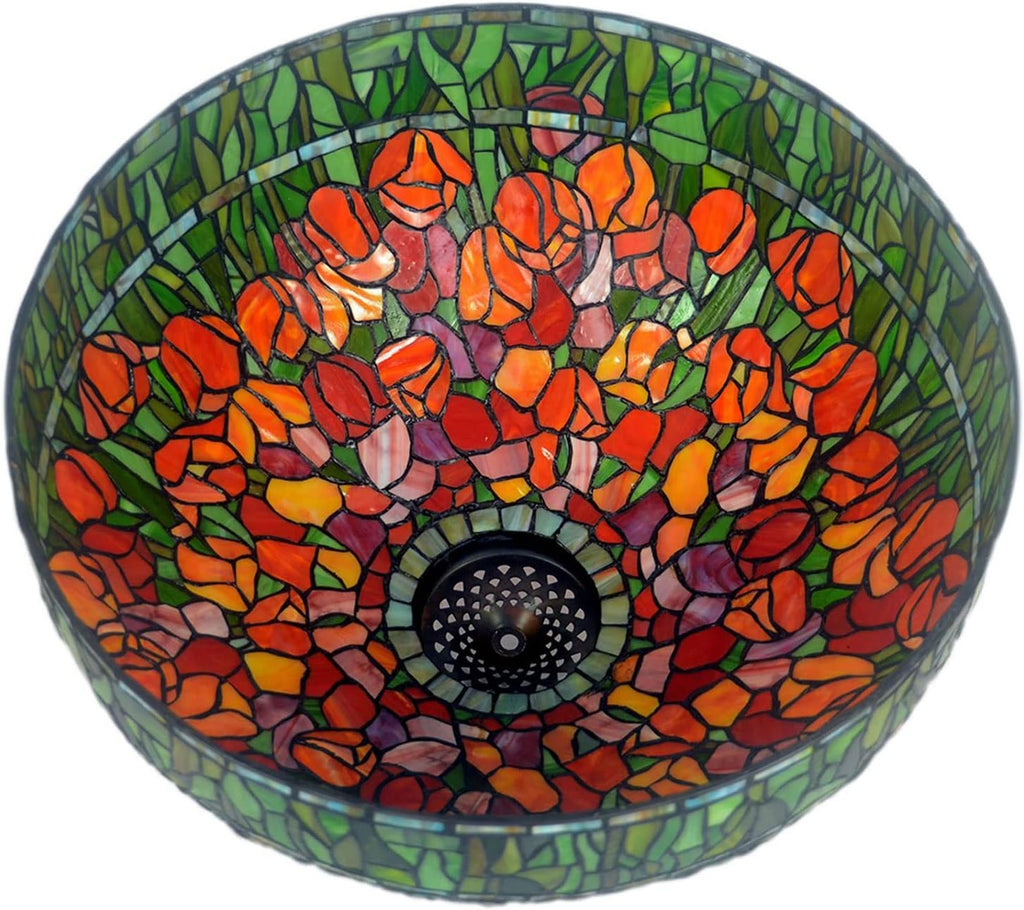 20 Inch Tiffany Lamp Shade Replacement, Only Handmade Stained Glass Lamp Chimney, Red Blue Flower Green Leaves Glass Beads Design, for Table Lamp, Pendant Light, Floor Lamp,Tulip