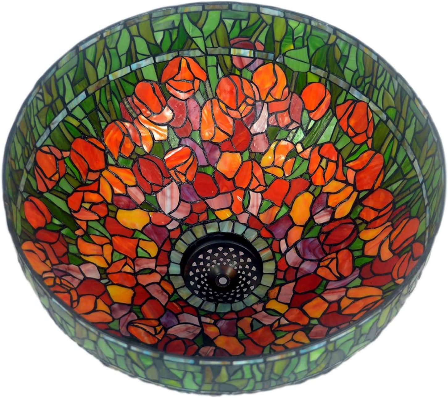 20 Inch Tiffany Lamp Shade Replacement, Only Handmade Stained Glass Lamp Chimney, Red Blue Flower Green Leaves Glass Beads Design, for Table Lamp, Pendant Light, Floor Lamp,Tulip
