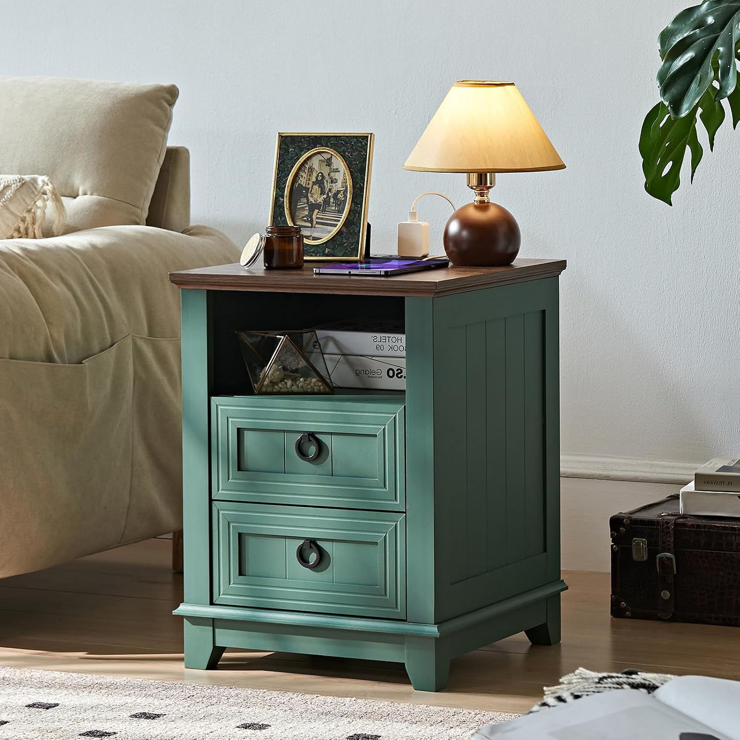 Joaxswe 18' Farmhouse Night Stands Set of 2 with Charging Station, 2 Drawers Bedside End Table, Green Wooden Nightstand, Bed Side Table Cabinet with Open Shelf for Bedroom Living Room Office