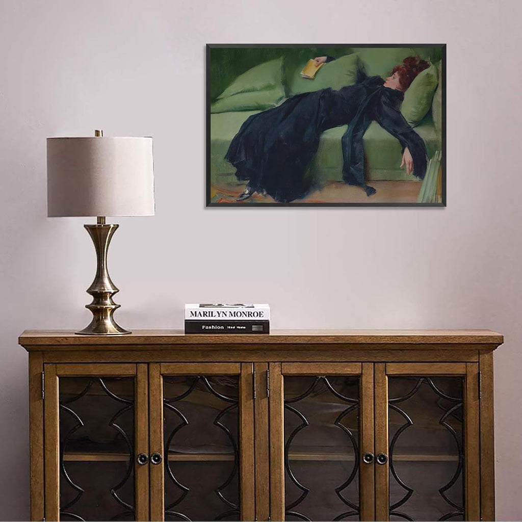 Vintage Decadent Young Woman After The Dance Posters Preppy Style Victorian Canvas Wall Art Interesting Green Sofa Aesthetic Prints Painting For Home Bedroom Dorm Wall Decor 24X36in Black Frame