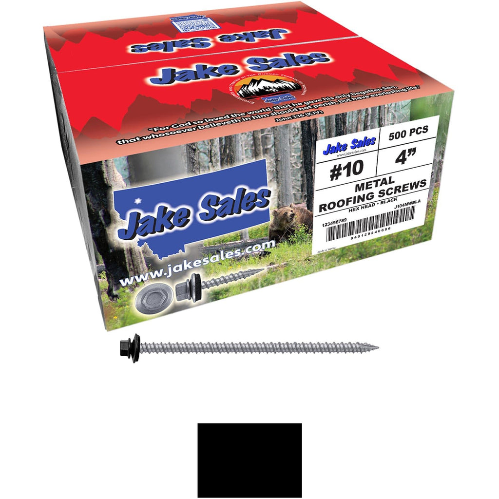 10 x 4 Black Metal Roofing Screws - Hex Washer Head- Self-Starting/Tapping - EPDM Washer. 2 X 250 Bags - 500 Screws