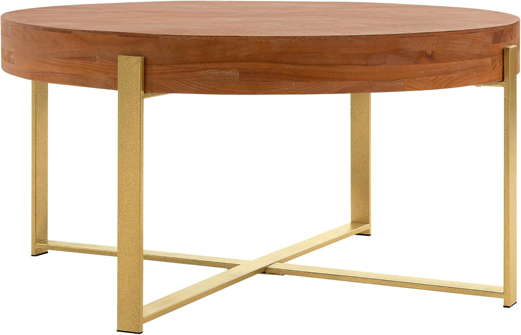 33.86' Round Coffee Table with X-Shaped Gold Metal Legs, Solid Wood Circle Table for Living Room, Retro Circular Table, Natural