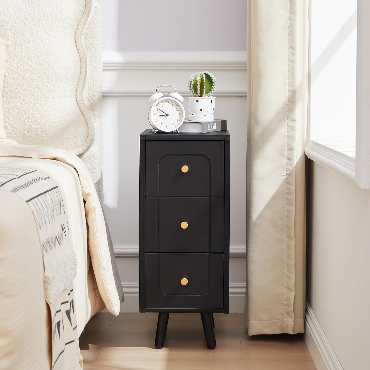 Small Nightstand Set of 2, Narrow Nightstand Slim Couch Side Table with Drawers, Wood End Tables with Storage for Living Room, Bedroom, Small Spaces (3Drawers-Black-2PCS)