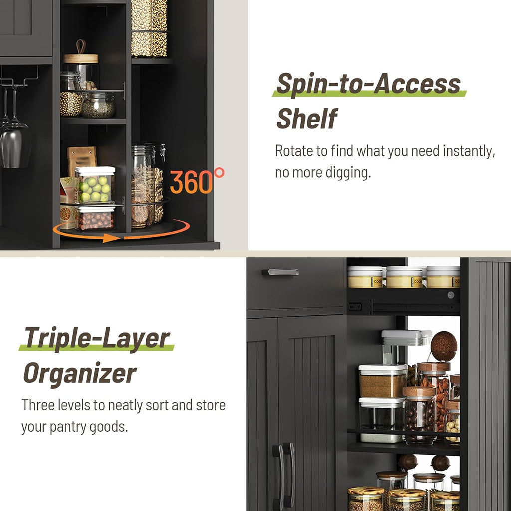 Pantry Cabinet, 67.7' Tall Kitchen Pantry Storage Cabinet with 360° Rotating Shelf & 2 Pull-Out Racks, Freestanding Kitchen Hutch with Charging Station & Drawer, for Dining Room, Black