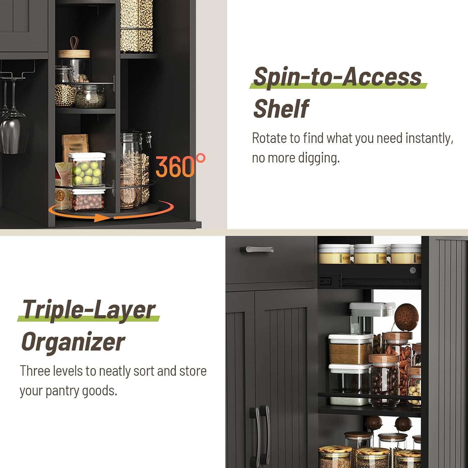 Pantry Cabinet, 67.7' Tall Kitchen Pantry Storage Cabinet with 360° Rotating Shelf & 2 Pull-Out Racks, Freestanding Kitchen Hutch with Charging Station & Drawer, for Dining Room, Black