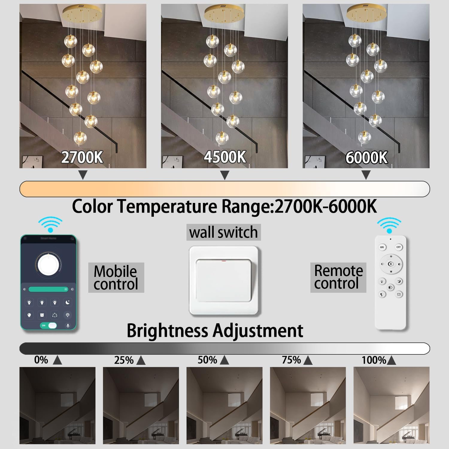 ykolupty 10-Light LED Staircase Modern Glass Globe Pendant Light Gold Chandeliers Large Chandeliers for High Ceilings, Entryway Lighting Fixture Villas and Stairs