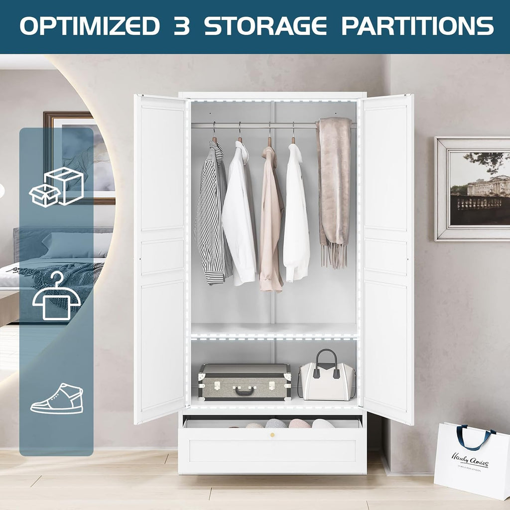 MIIIKO Wardrobe Closet with Drawer, 2 Doors Clothes Cabinet, 72' Metal Storage Cabinets with Hanging Rod, Bedroom Armoires Laundry Room and Office Clothes Storage Organizer Cabinets